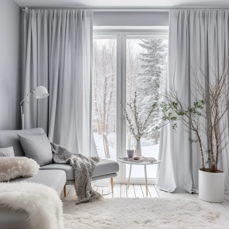 Rideau thermique blanc économique dans un salon, protection anti-froid et style épuré