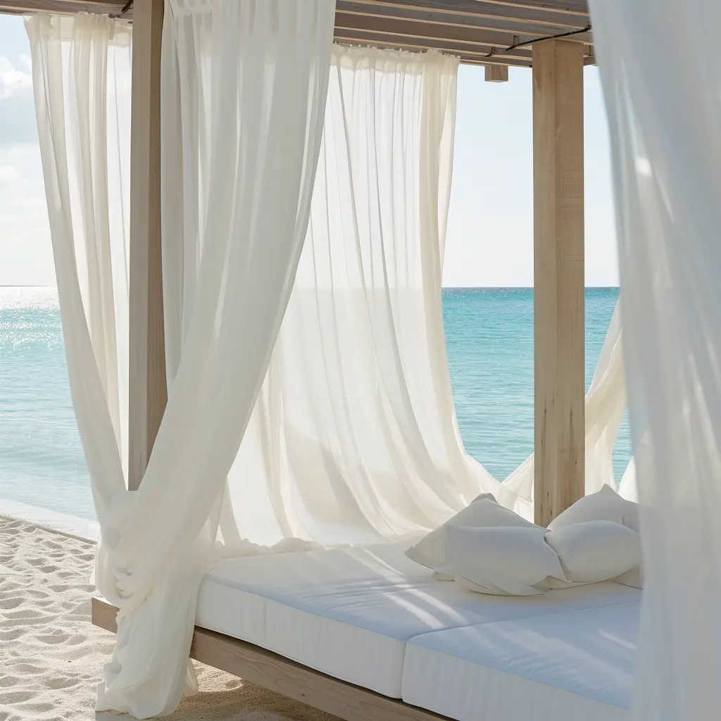 Rideau thermique transparent blanc pour extérieur, ambiance plage